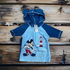 Disney Mickey Mouse Rash Guard Swim Suit W/ Hood 18-24 mos Blue Kids Baby